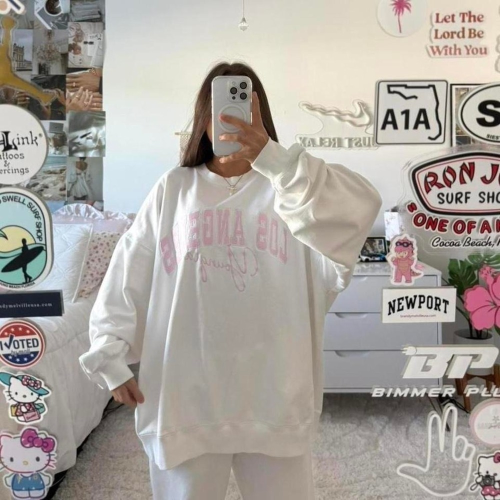 pink and white YoungLa Her‎ Los Angeles crewneck sweatshirt